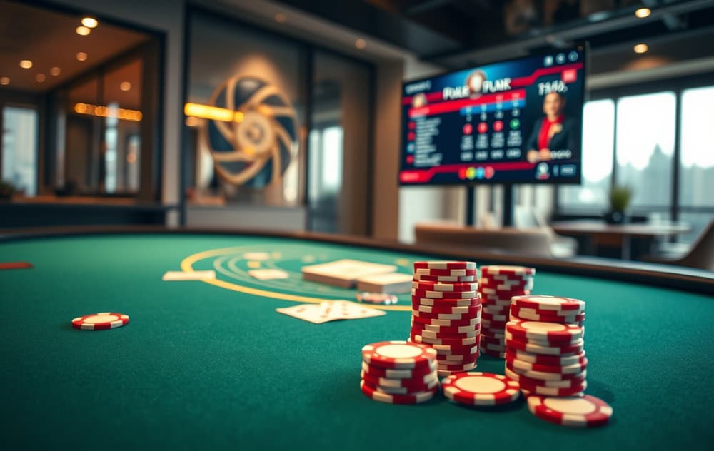 Pokerbord med chips, kort og digital skjerm som viser online poker.