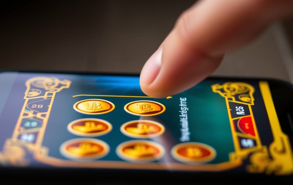 Nærbilde av en smarttelefon som viser et digitalt skrapelodd der en gullmynt skrapes frem, realistisk lyssetting, moderne casino-grensesnitt